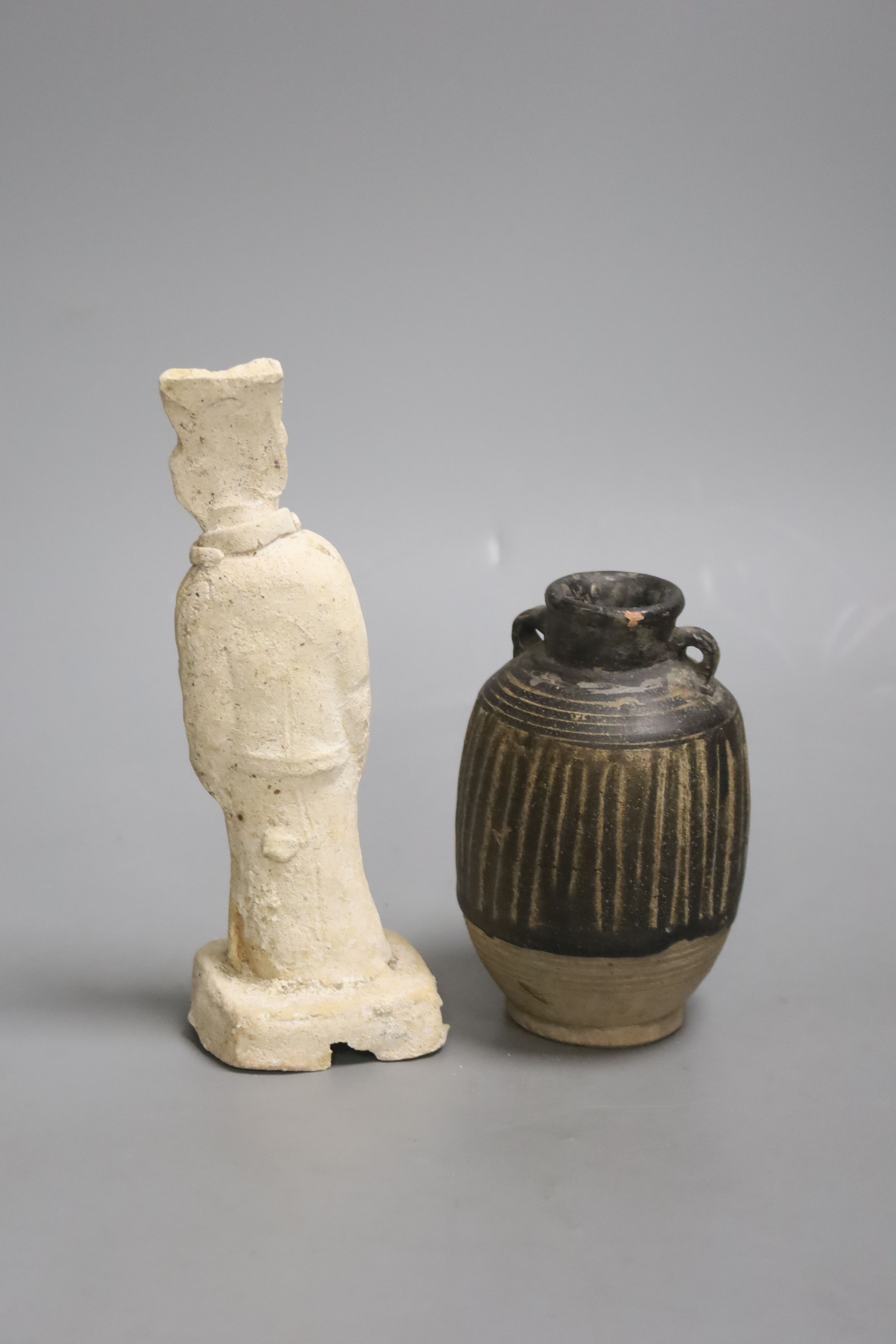 A Thai Sawankhalok jarlet and a Tang pottery figure, height 18cm